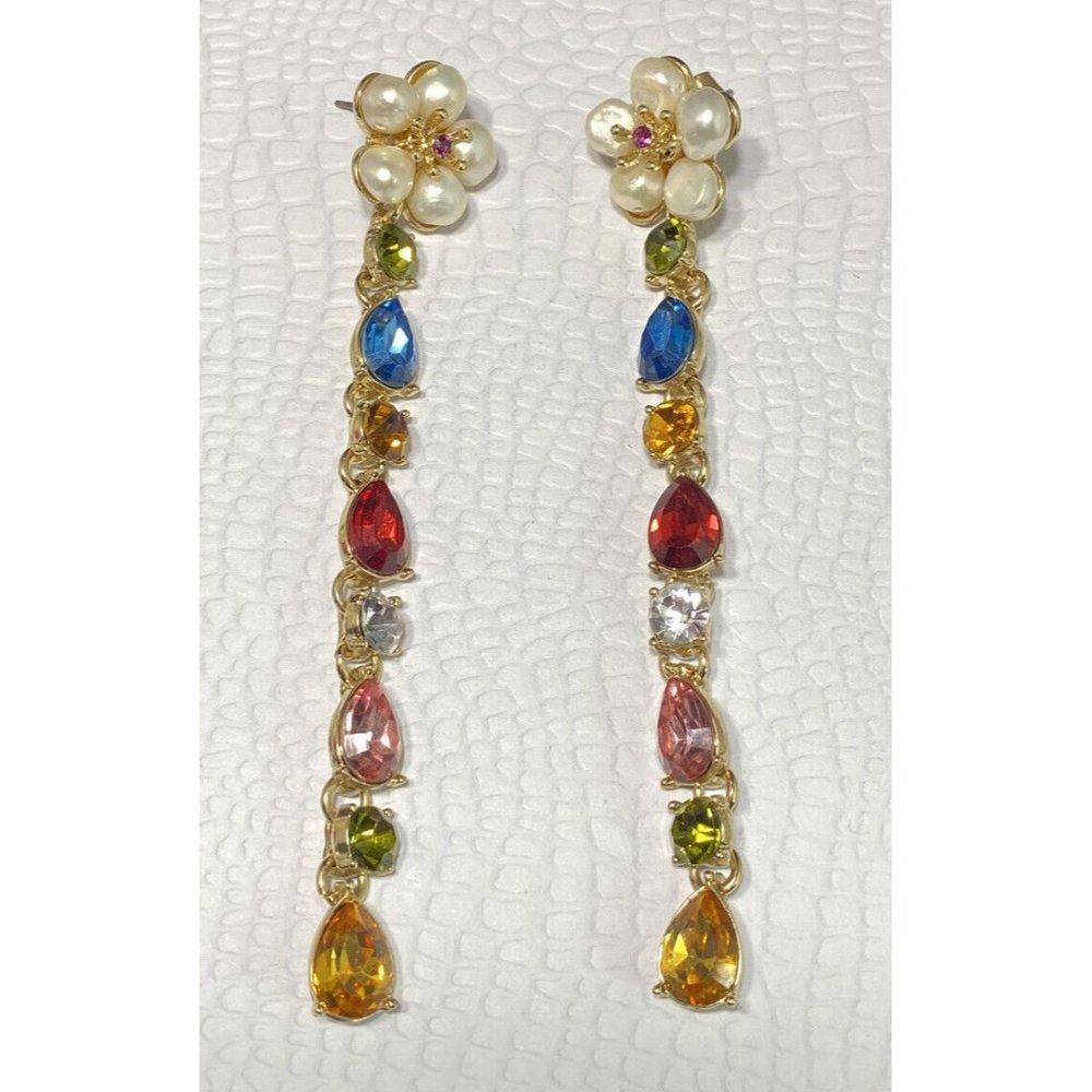 Petit Moments Daisy Drop Earrings 4 Inches Pearl Multicolored Stones Floral View 3